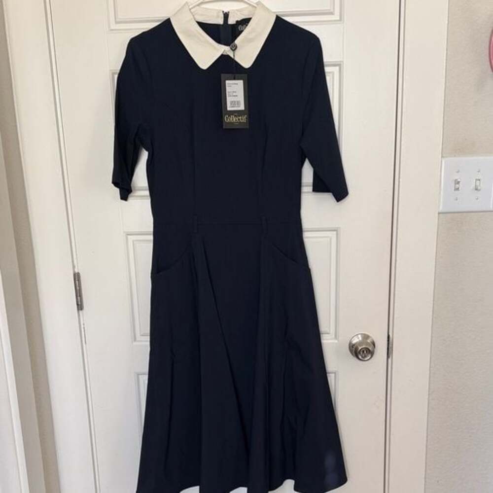 Collectif Winona Swing Dress Navy White Peter Pan Collar NWT Size L UK 14 - Picture 2 of 6